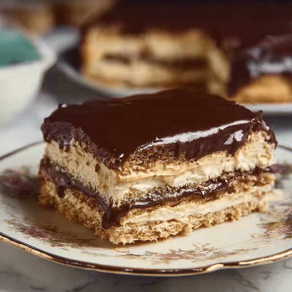 No Bake Eclair Cake – Easy, Creamy & Irresistible Dessert 5 Delicious no bake eclair cake topped with chocolate and cream layers.