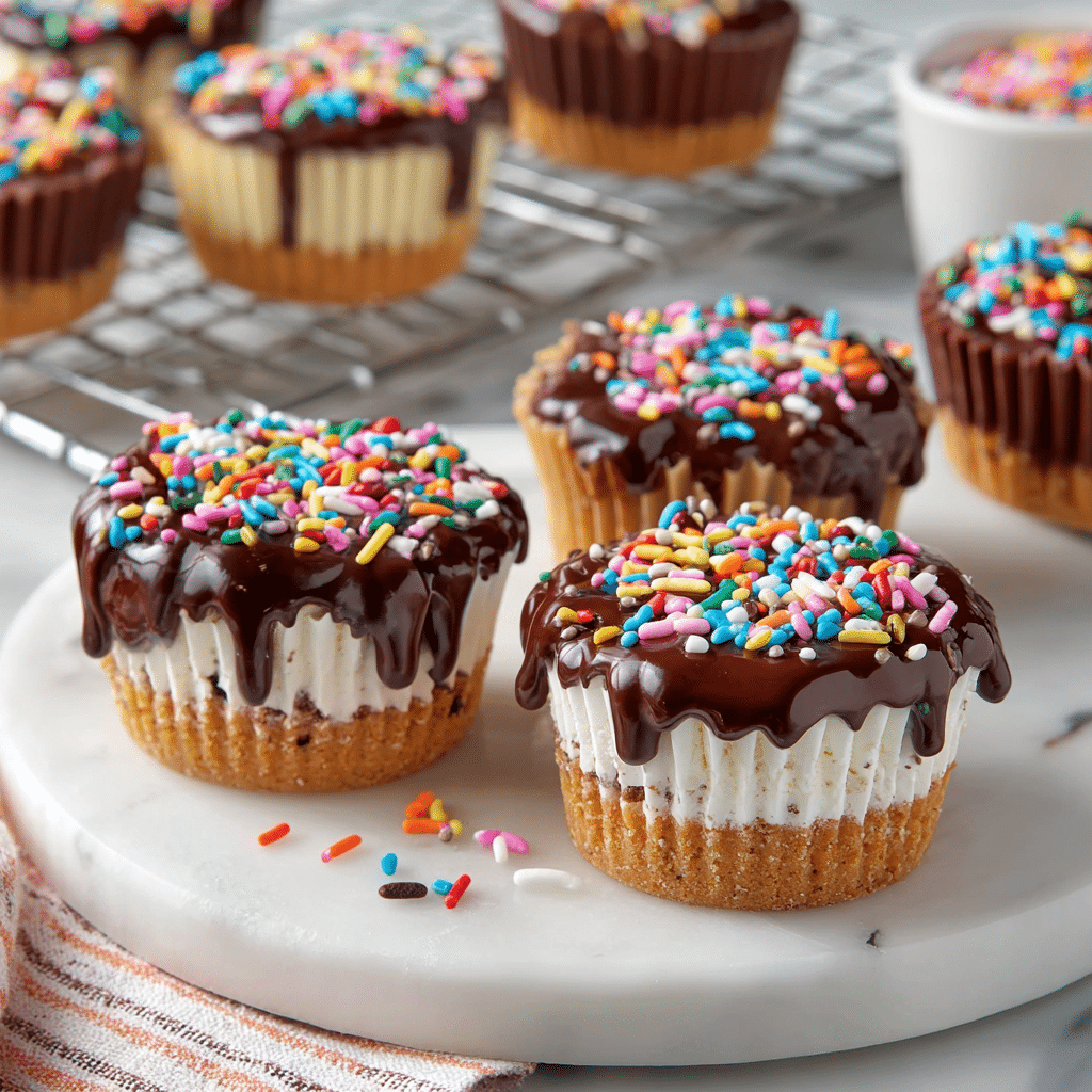 Delicious no-bake mini ice cream cakes topped with chocolate and sprinkles