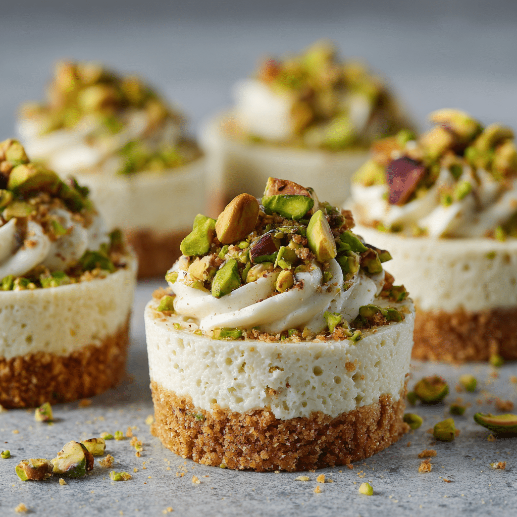 No-Bake Mini Pistachio and Coffee Cheesecakes served on a plate
