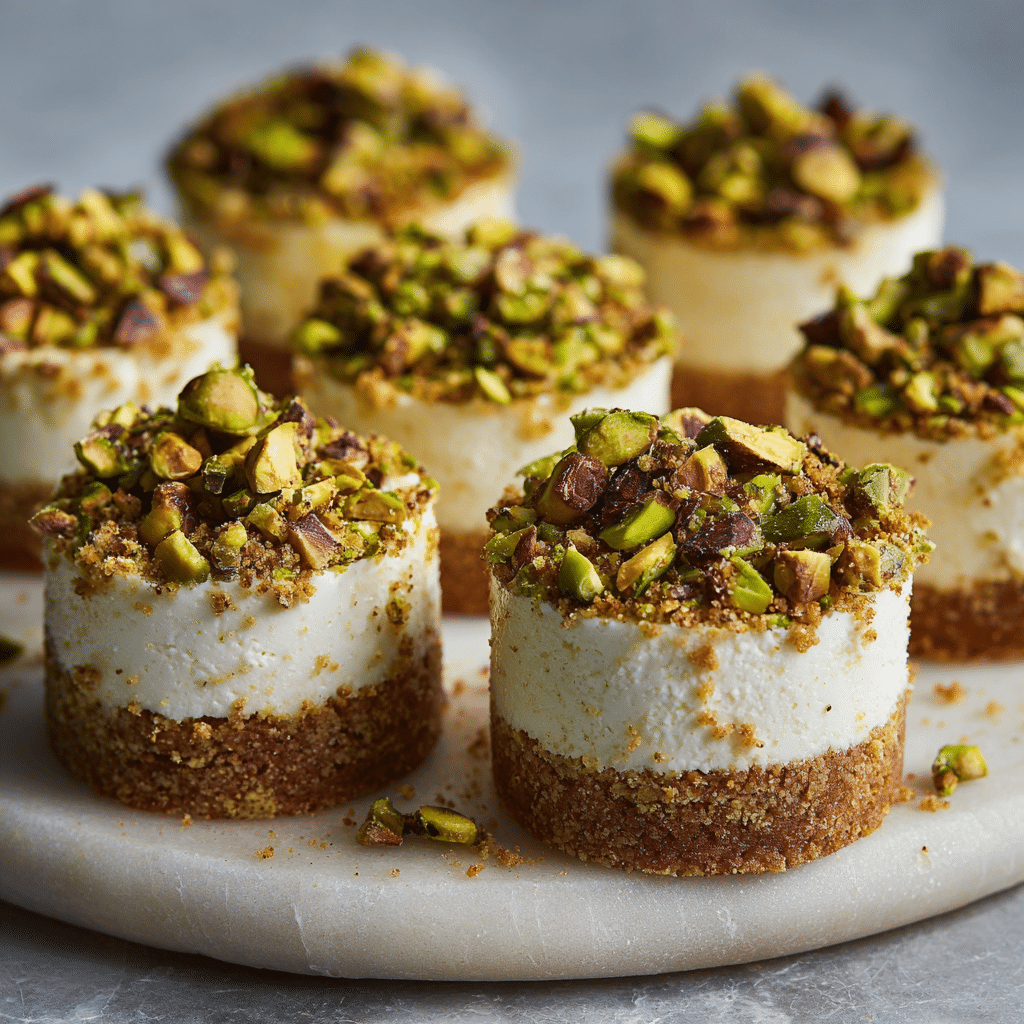No-Bake Mini Pistachio and Coffee Cheesecakes served on a plate