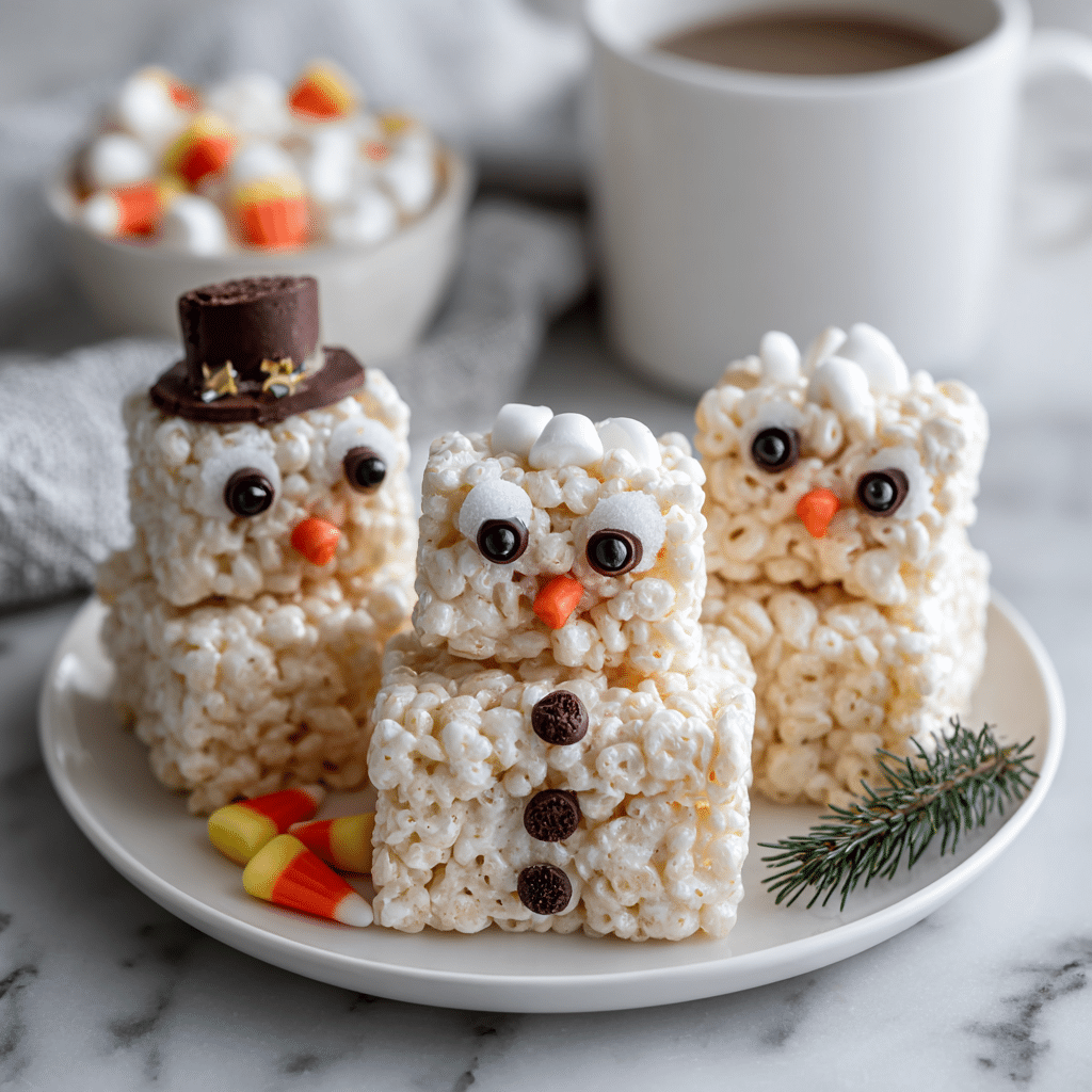 No-Bake Snowman Rice Krispie Treats – Fun & Easy Holiday Dessert 5 No-Bake Snowman Rice Krispie Treats decorated for winter festivities