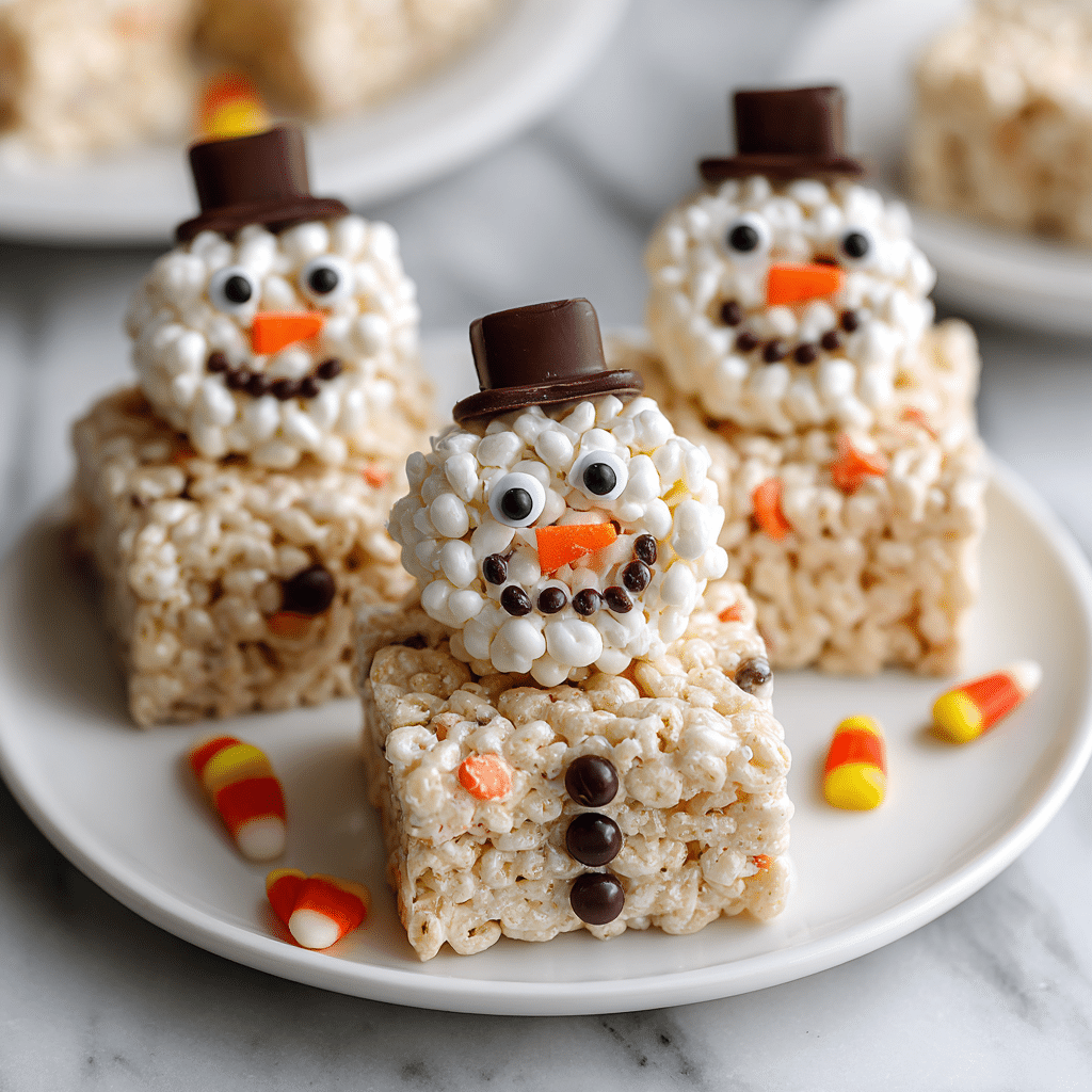 No-Bake Snowman Rice Krispie Treats – Fun & Easy Holiday Dessert 6 No-Bake Snowman Rice Krispie Treats decorated for winter festivities