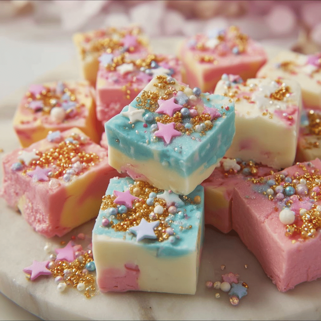 Easy No Bake Unicorn Fudge Recipe | Fun, Creamy & Colorful Dessert 4 Colorful no bake unicorn fudge dessert displayed on a plate.