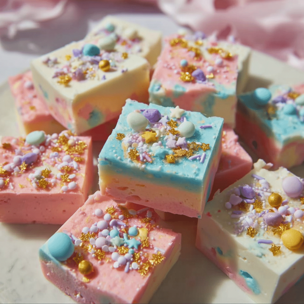 Easy No Bake Unicorn Fudge Recipe | Fun, Creamy & Colorful Dessert 5 Colorful no bake unicorn fudge dessert displayed on a plate.