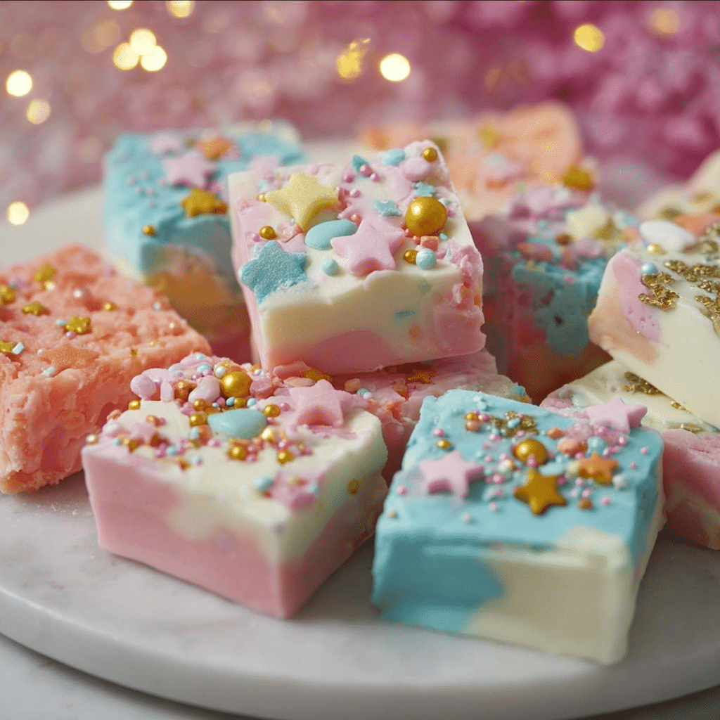 Easy No Bake Unicorn Fudge Recipe | Fun, Creamy & Colorful Dessert 6 Colorful no bake unicorn fudge dessert displayed on a plate.