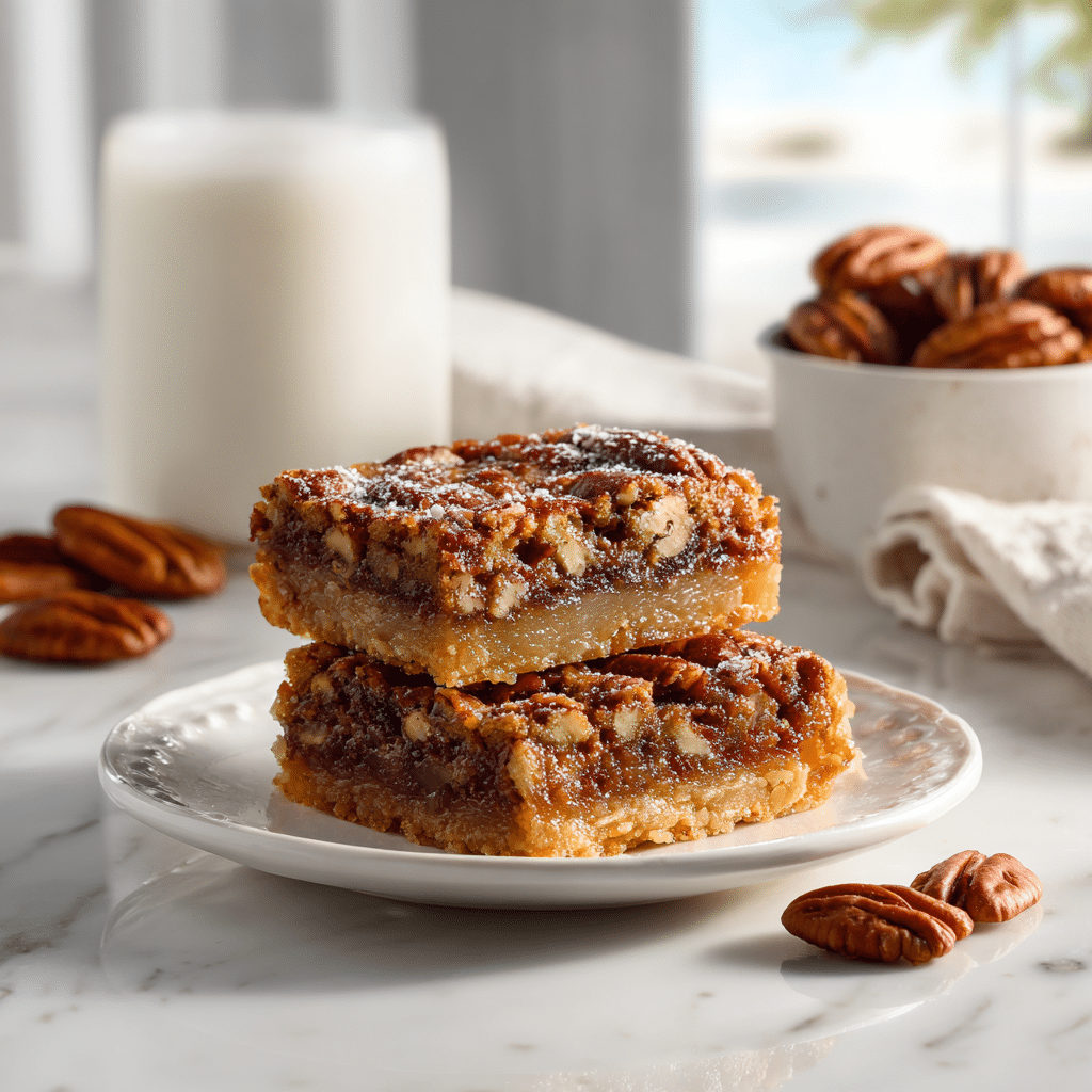 Easy Pecan Pie Bars Recipe – Sweet, Crunchy & Perfect for Holidays 6 Delicious rich pecan pie bars with flaky pie crust served on a dessert plate.