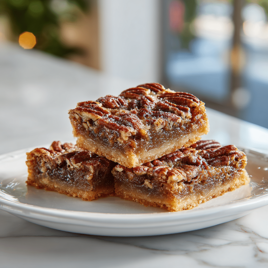Easy Pecan Pie Bars Recipe – Sweet, Crunchy & Perfect for Holidays 5 Delicious rich pecan pie bars with flaky pie crust served on a dessert plate.