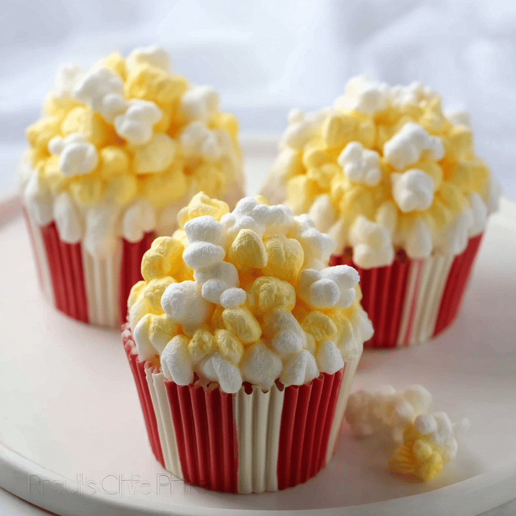 Popcorn Cupcakes – Fun and Whimsical Movie Night Treats! 6 Delicious popcorn cupcakes topped with popcorn and frosting