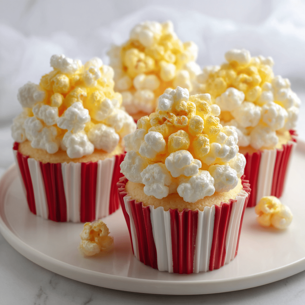 Popcorn Cupcakes – Fun and Whimsical Movie Night Treats! 4 Delicious popcorn cupcakes topped with popcorn and frosting