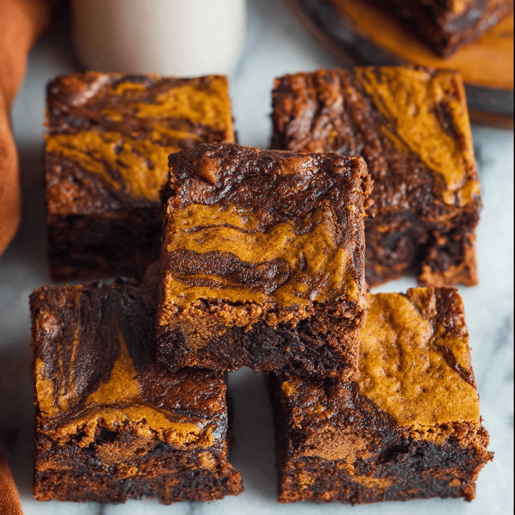 Pumpkin Brownies – Fudgy, Spiced & Irresistibly Cozy for Fall 4 Delicious homemade Pumpkin Brownies topped with chocolate and pumpkin spice