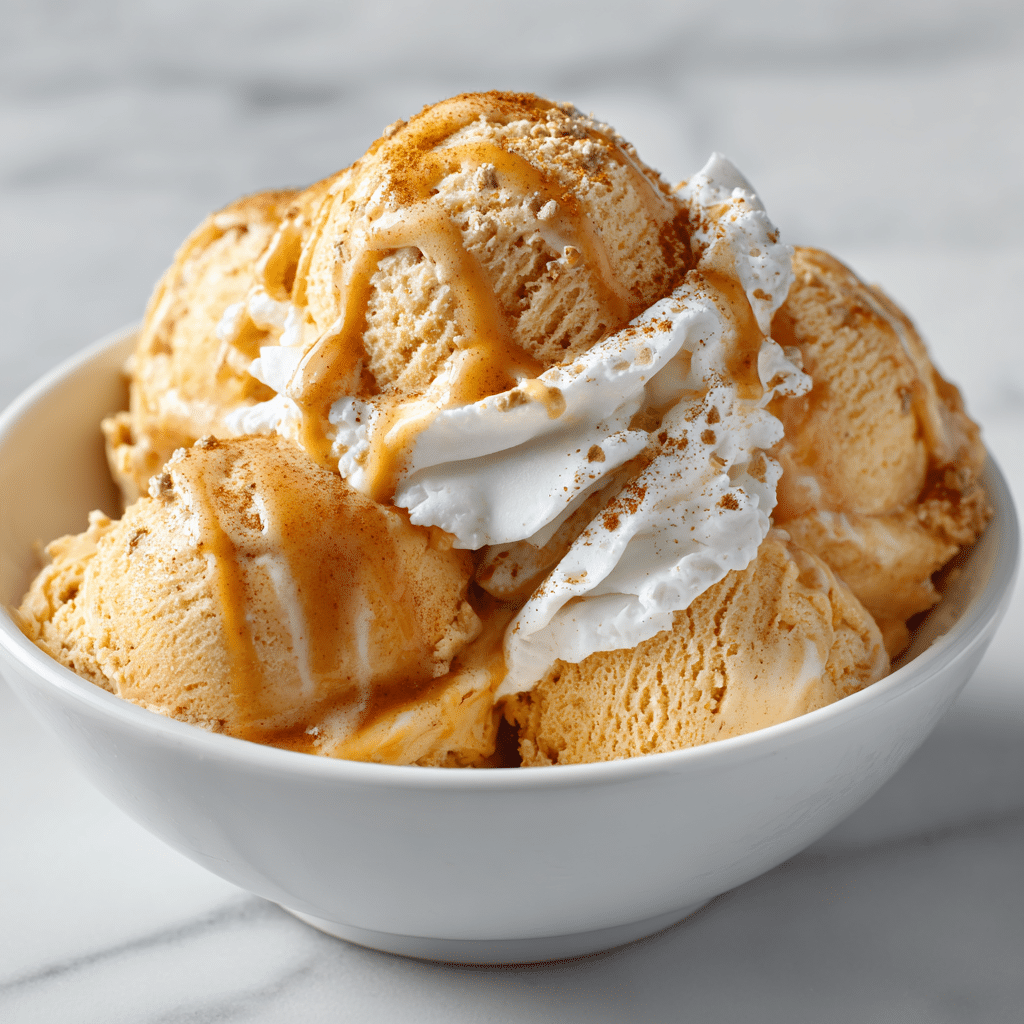 Easy Pumpkin Pie Ice Cream Recipe | Perfect Fall Treat 12 A scoop of pumpkin pie ice cream topped with cinnamon and whipped cream in a bowl.