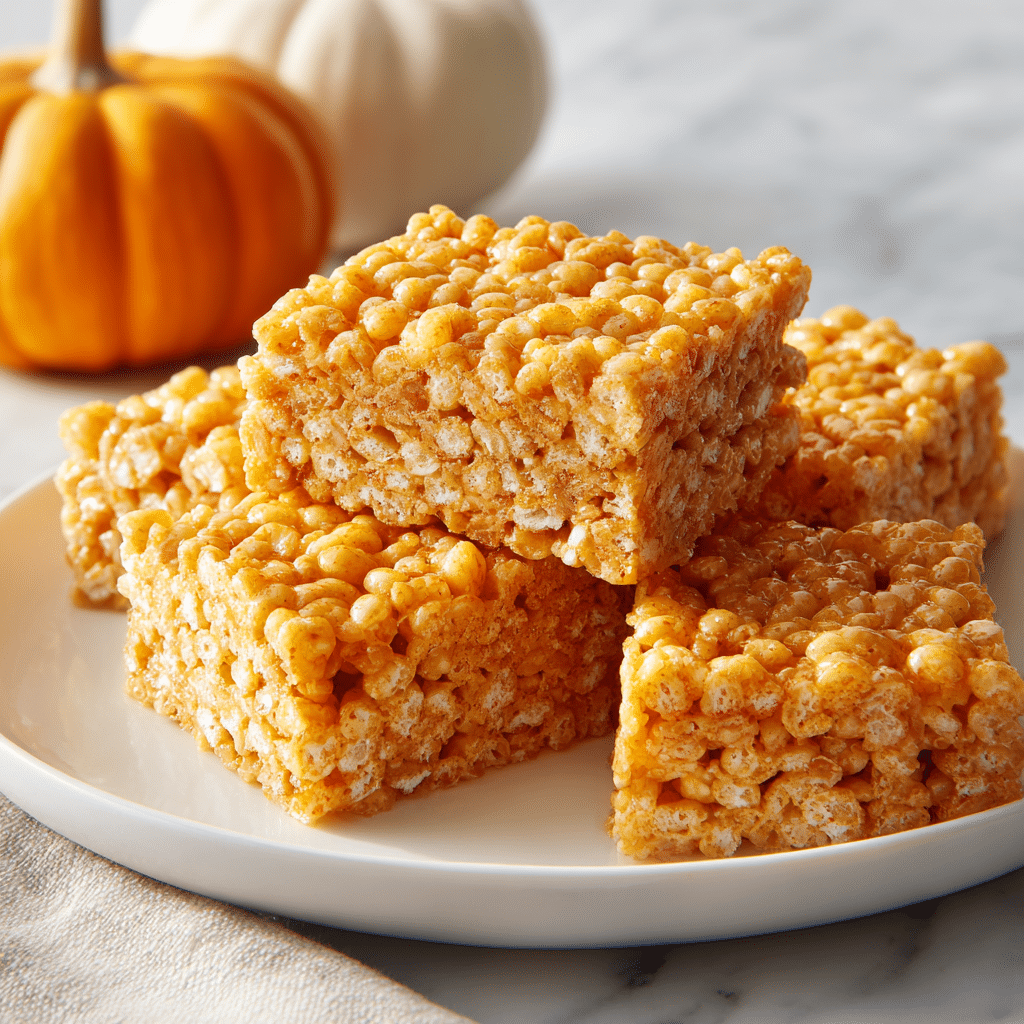 Easy Pumpkin Rice Krispies Treats – No-Bake Autumn Delight 4 Delicious Pumpkin Rice Krispies Treats in a festive autumn setting