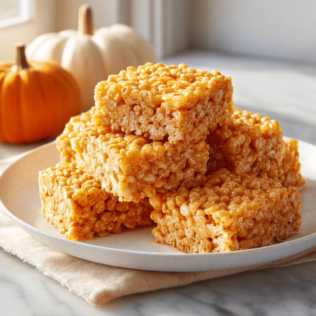 Easy Pumpkin Rice Krispies Treats – No-Bake Autumn Delight 5 Delicious Pumpkin Rice Krispies Treats in a festive autumn setting