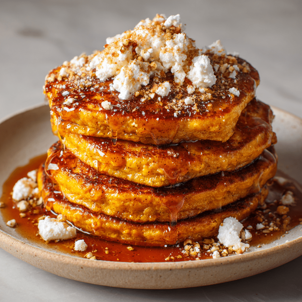 Easy Pumpkin Spice Cottage Cheese Pancakes – A Fall Breakfast Favorite 6 Delicious pumpkin spice cottage cheese pancakes stacked on a plate