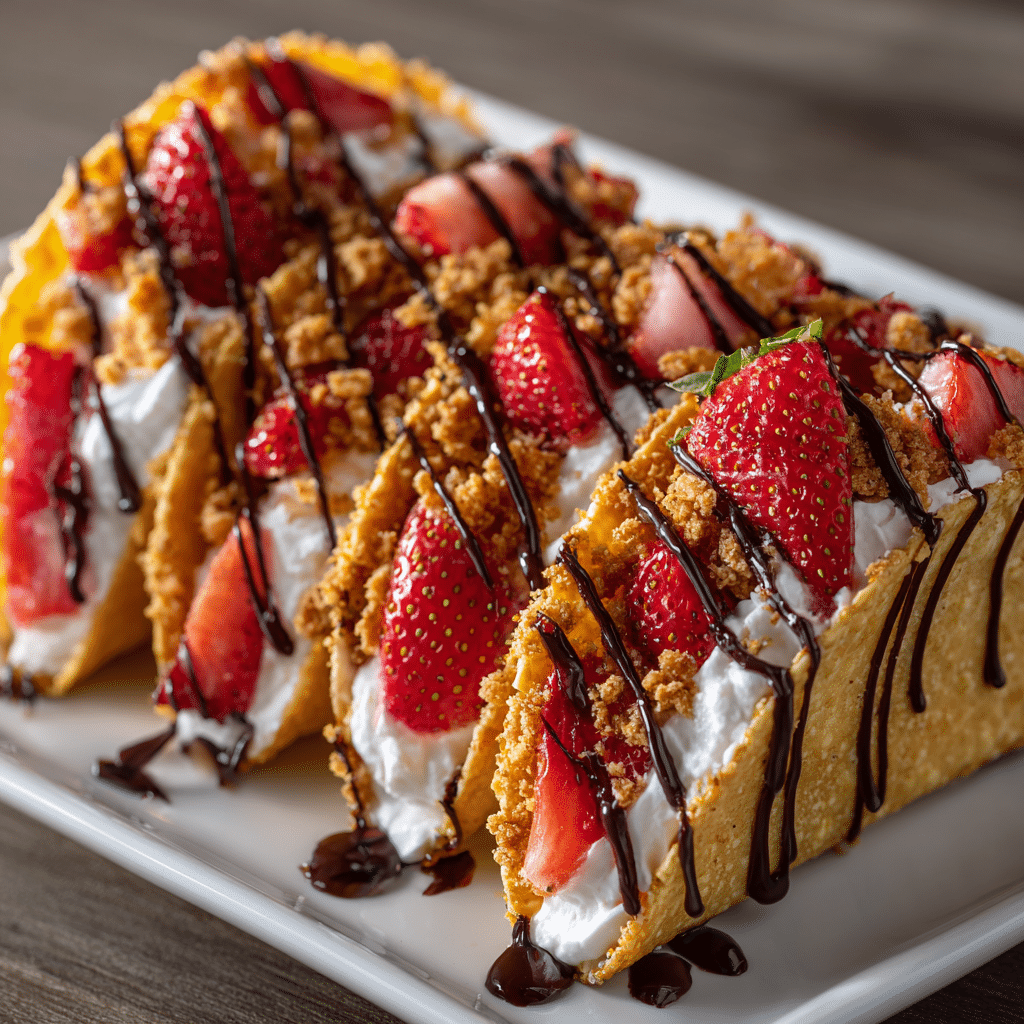 Strawberry Crunch Cheesecake Tacos – Easy No-Bake Dessert Recipe 6 Delicious strawberry crunch cheesecake tacos served on a plate