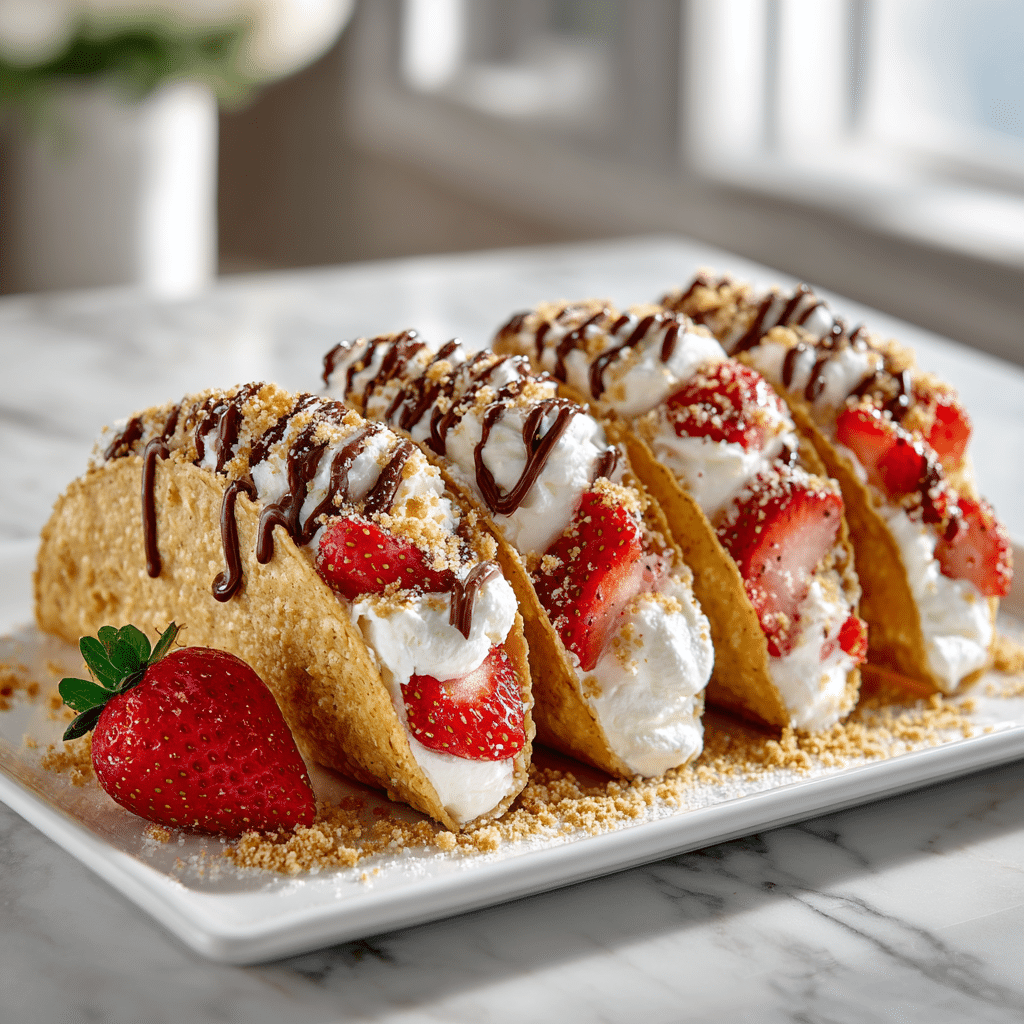 Strawberry Crunch Cheesecake Tacos – Easy No-Bake Dessert Recipe 5 Delicious strawberry crunch cheesecake tacos served on a plate