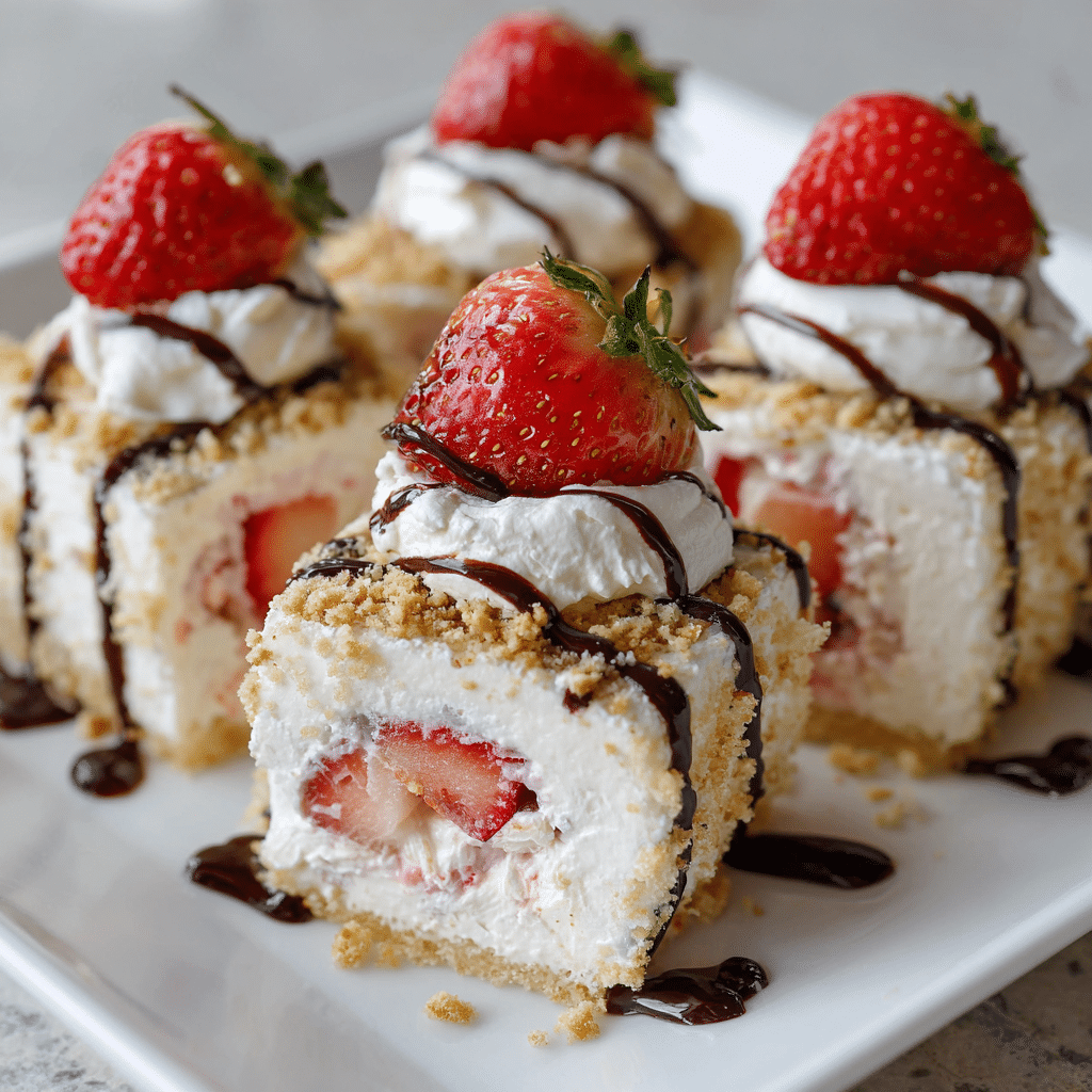 Strawberry Shortcake Cheesecake Dessert Sushi Rolls – A Fun No-Bake Treat 5 Strawberry shortcake cheesecake dessert sushi rolls served on a plate