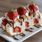 Strawberry Shortcake Cheesecake Dessert Sushi Rolls – A Fun No-Bake Treat 7 Strawberry shortcake cheesecake dessert sushi rolls served on a plate