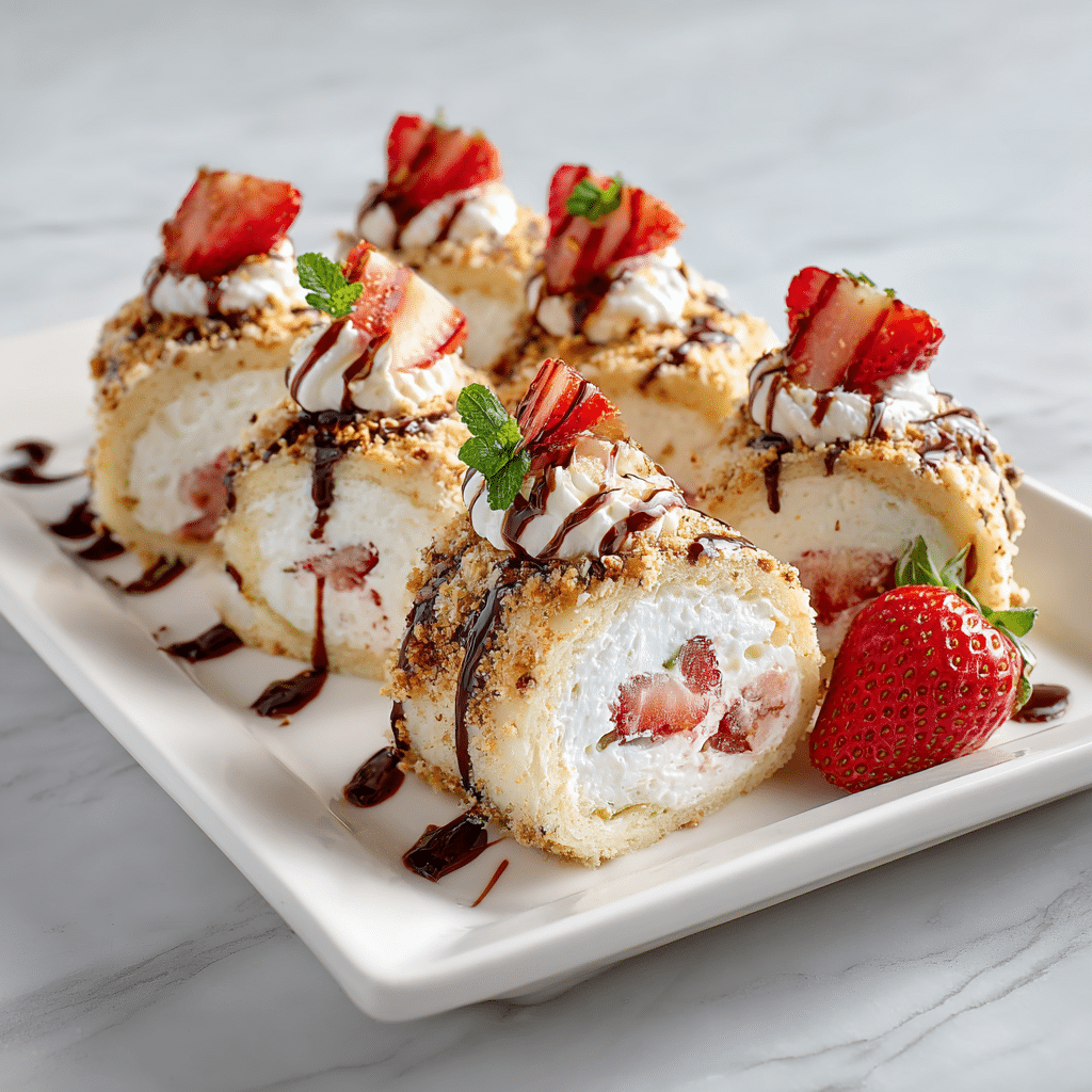 Strawberry Shortcake Cheesecake Dessert Sushi Rolls – A Fun No-Bake Treat 6 Strawberry shortcake cheesecake dessert sushi rolls served on a plate