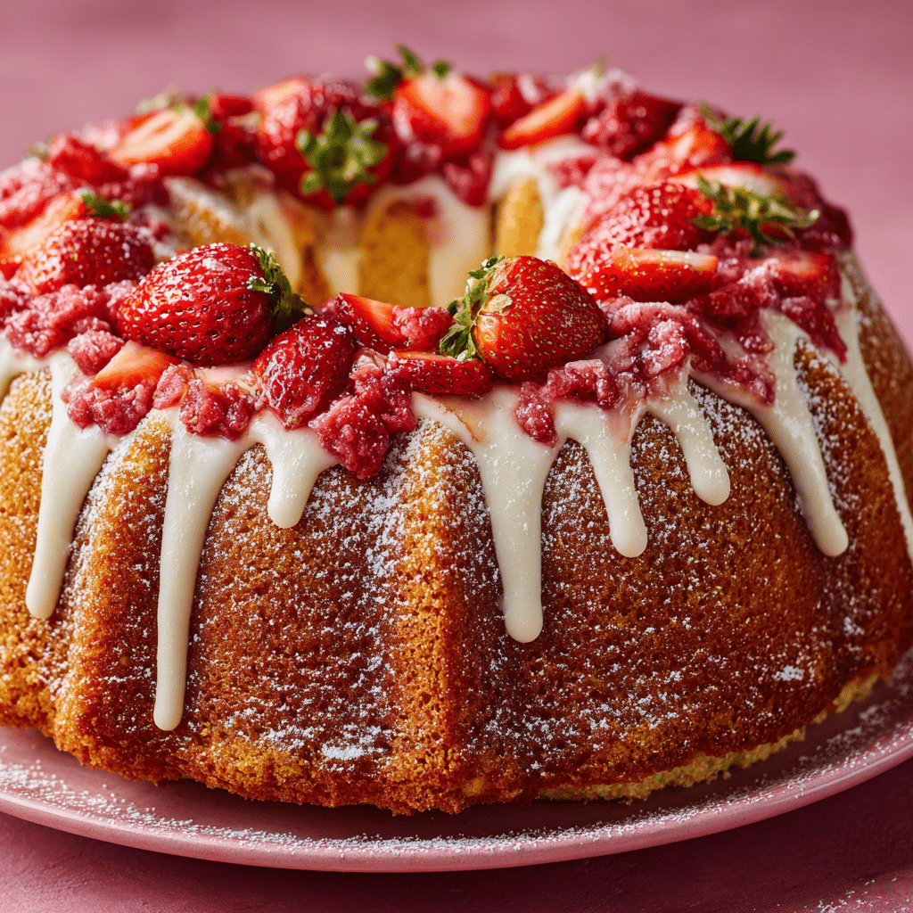 The Ultimate Strawberry Cream Cheese Pound Cake for Any Occasion 5 Strawberry cream cheese pound cake with a slice cut out, showcasing its moist texture.