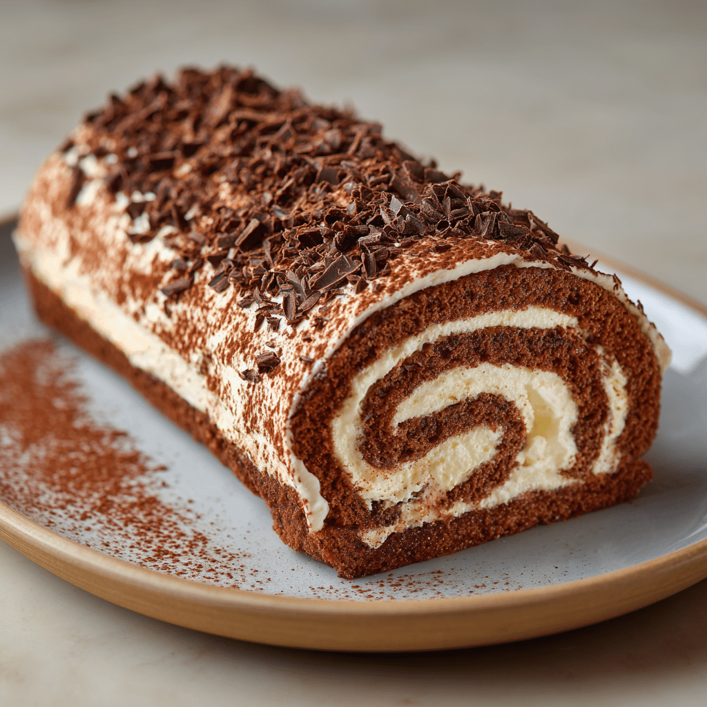 Tiramisu Yule Log Cake Recipe – Quick, Creamy & Impressive 6 Quick Tiramisu Yule Log Cake served on a festive plate, decorated with cocoa powder.