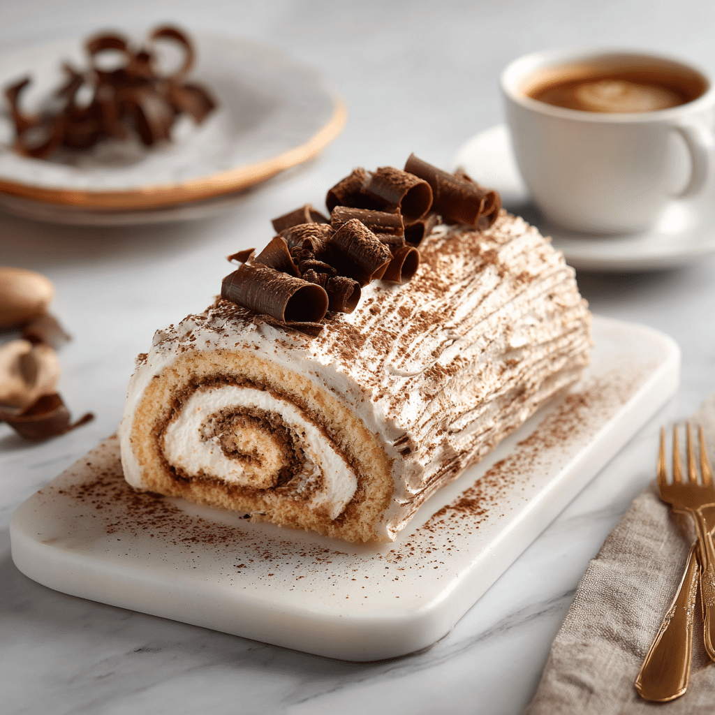 Tiramisu Yule Log Cake Recipe – Quick, Creamy & Impressive 4 Quick Tiramisu Yule Log Cake served on a festive plate, decorated with cocoa powder.