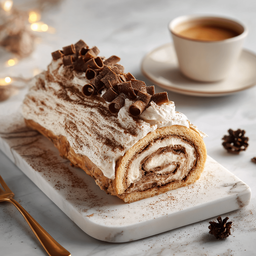 Tiramisu Yule Log Cake Recipe – Quick, Creamy & Impressive 5 Quick Tiramisu Yule Log Cake served on a festive plate, decorated with cocoa powder.
