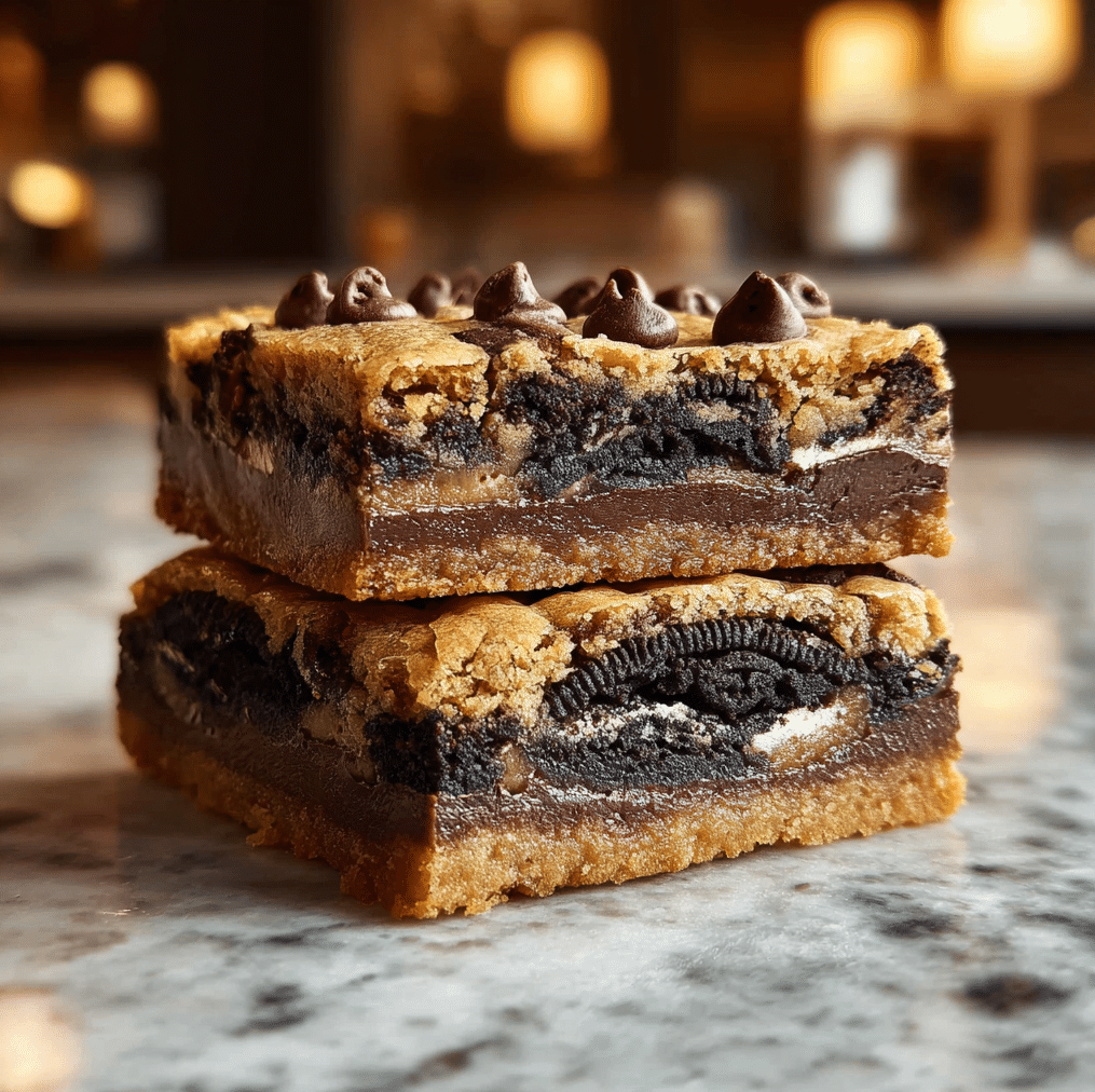 Triple-Layer Brownies – Indulgent Dessert with Cookie Dough & Oreos 6 Delicious triple layer treat with chocolate, vanilla, and strawberry flavors.