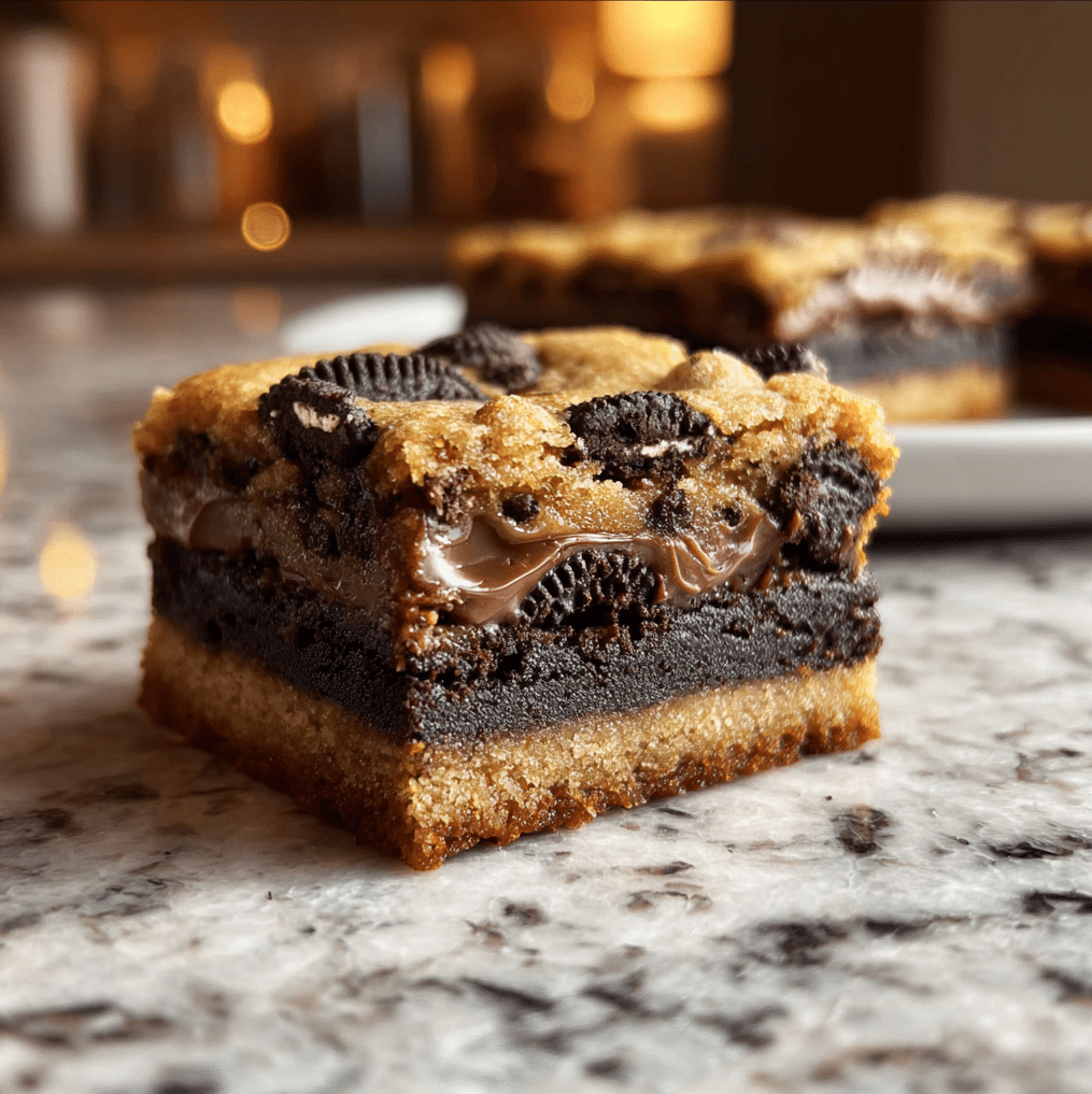 Triple-Layer Brownies – Indulgent Dessert with Cookie Dough & Oreos 5 Delicious triple layer treat with chocolate, vanilla, and strawberry flavors.