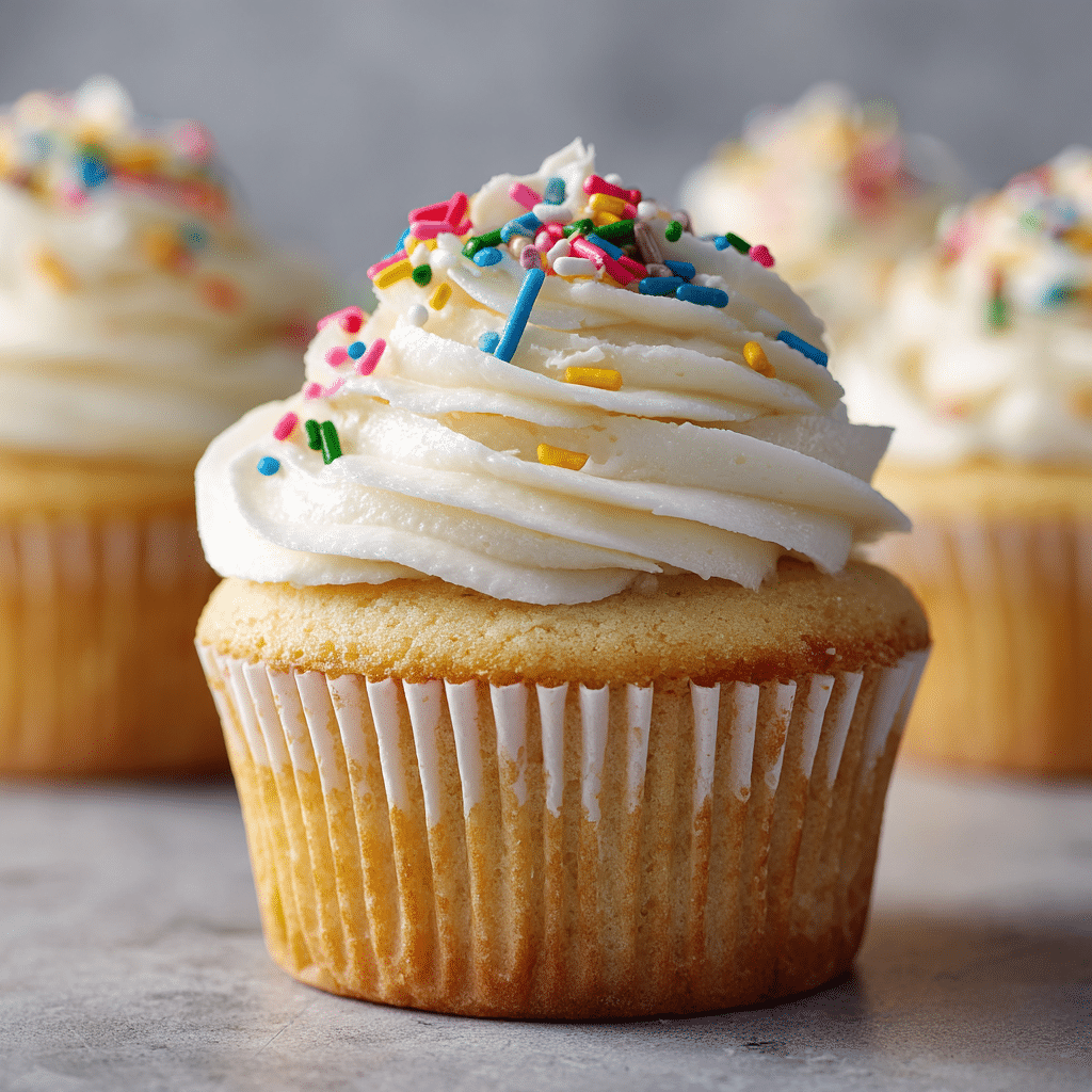 Vanilla Cupcakes – Soft, Fluffy & Perfect for Every Occasion 5 Delicious vanilla cupcakes topped with creamy frosting and sprinkles