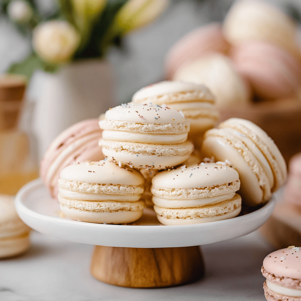 Vanilla Macarons – Elegant French Cookies with Buttercream Filling 4 Delicious Vanilla Macarons arranged on a decorative plate.