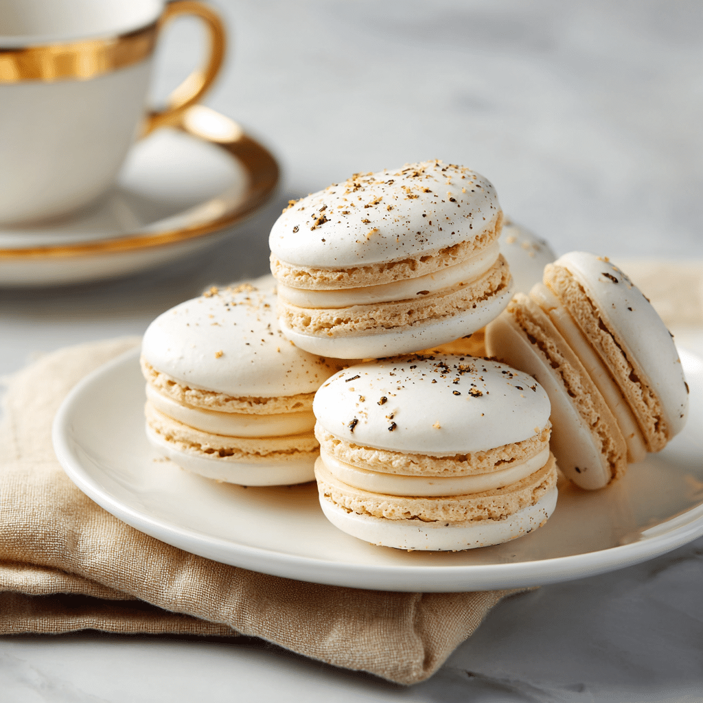 Vanilla Macarons – Elegant French Cookies with Buttercream Filling 5 Delicious Vanilla Macarons arranged on a decorative plate.