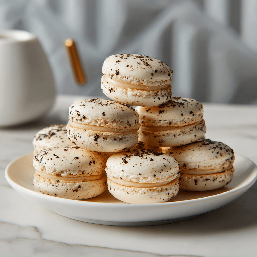 Vanilla Macarons – Elegant French Cookies with Buttercream Filling 6 Delicious Vanilla Macarons arranged on a decorative plate.