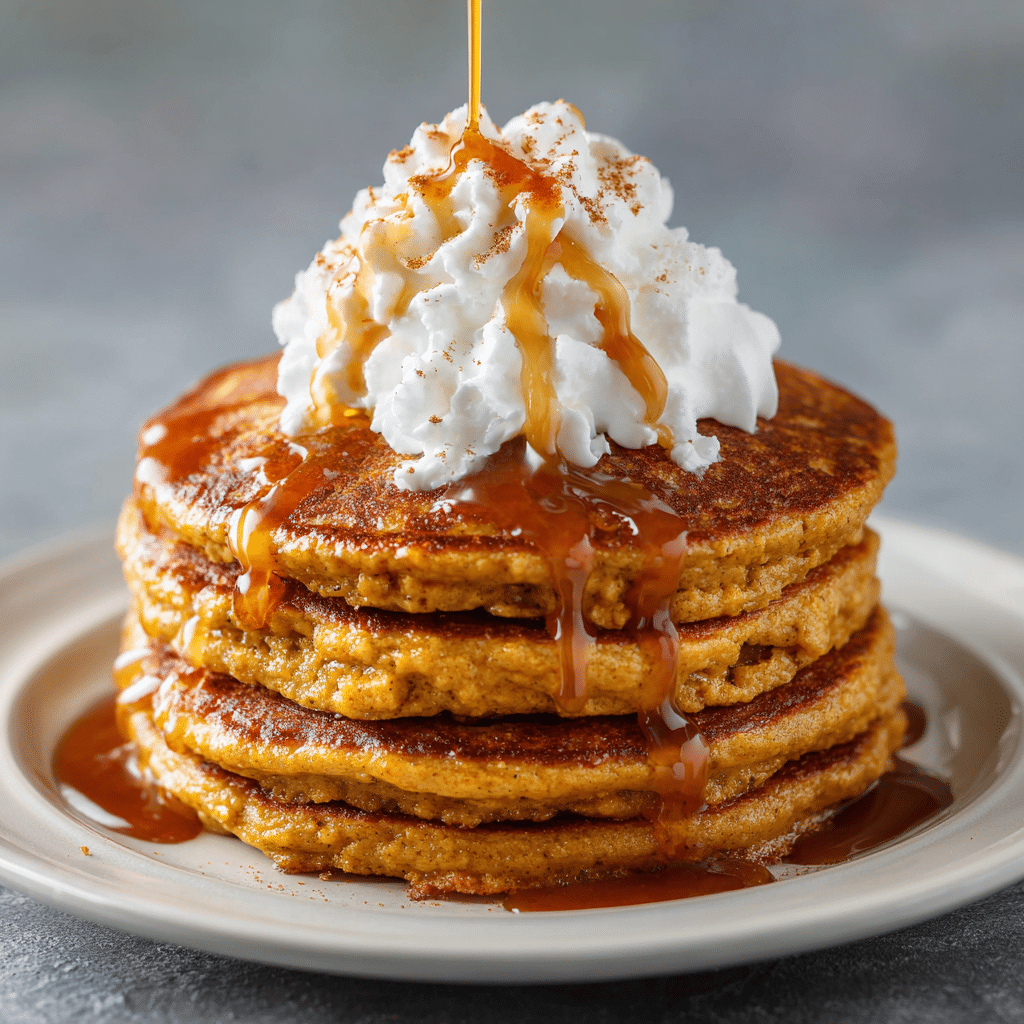 Easy Pumpkin Spice Cottage Cheese Pancakes – A Fall Breakfast Favorite 5 Delicious pumpkin spice cottage cheese pancakes stacked on a plate