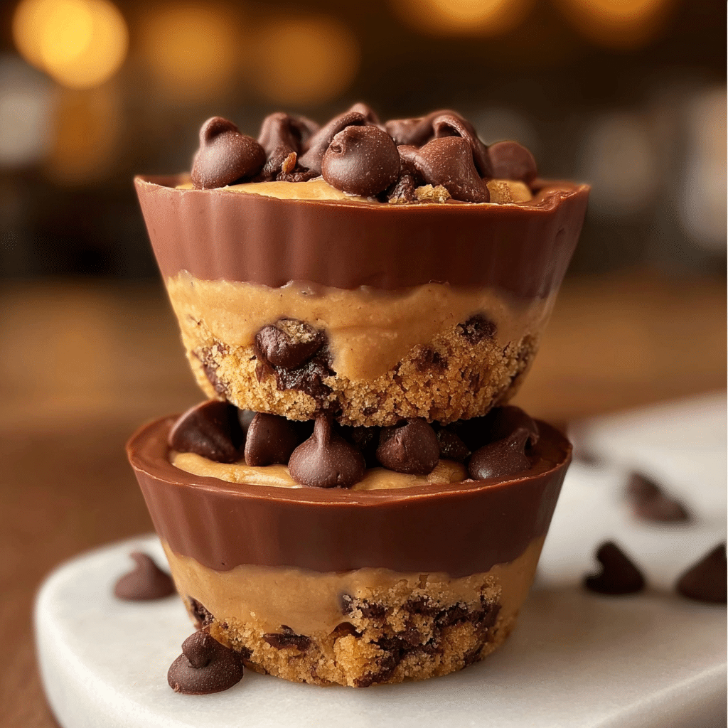 Easy No-Bake Chocolate Chip Cookie Dough Cups 5 Delicious chocolate chip cookie dough cups ready to be enjoyed
