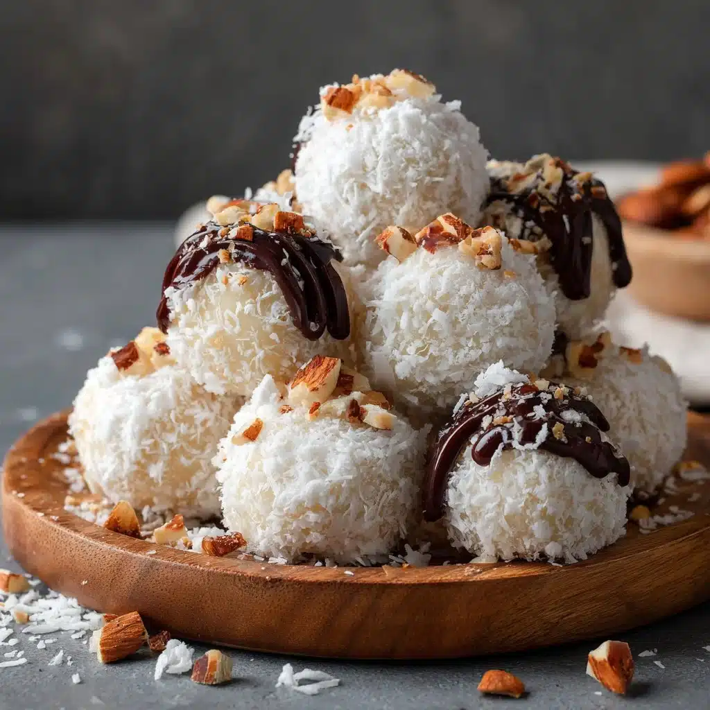 Coconut Cream Truffles – Easy No-Bake Holiday Treats 4 Coconut cream truffles arranged on a festive holiday platter