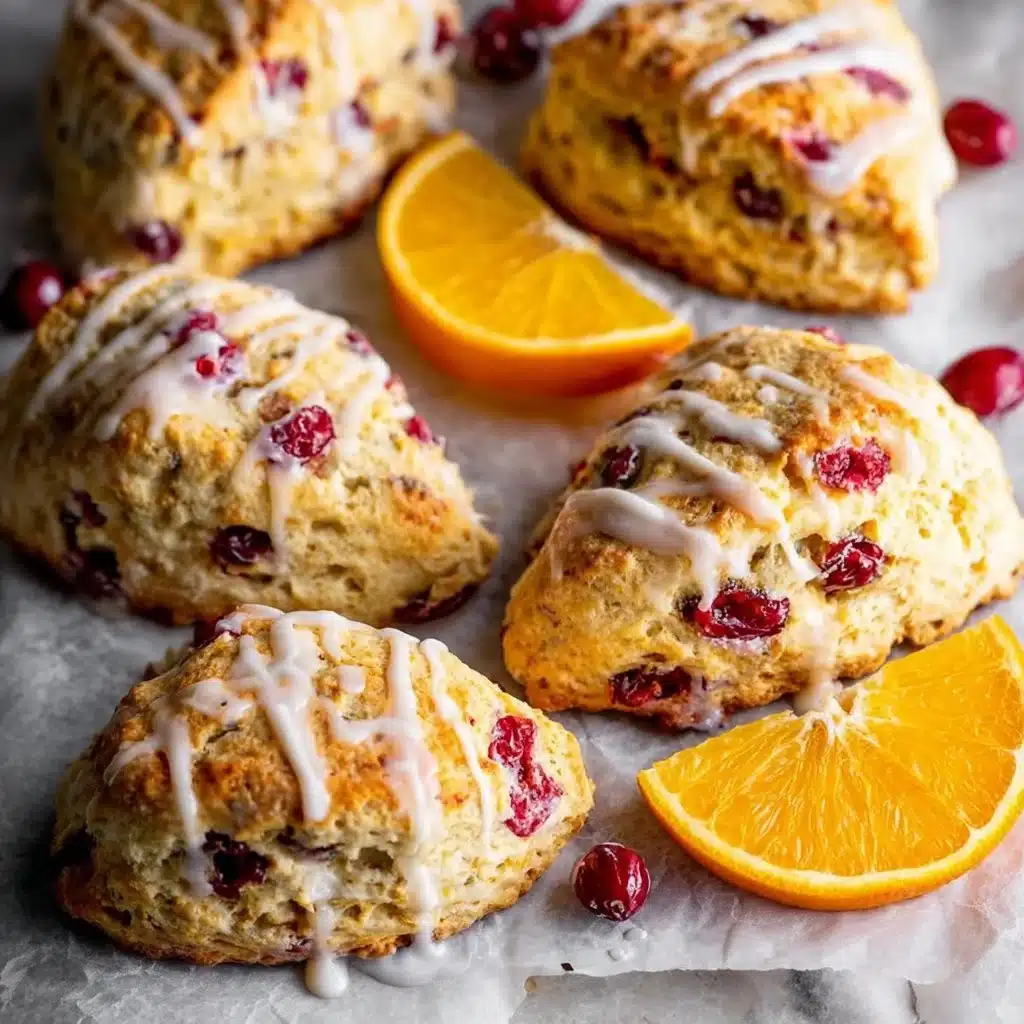 Easy Cranberry Orange Scones | Soft, Buttery & Perfect for Brunch 6 Freshly baked cranberry orange scones on a plate