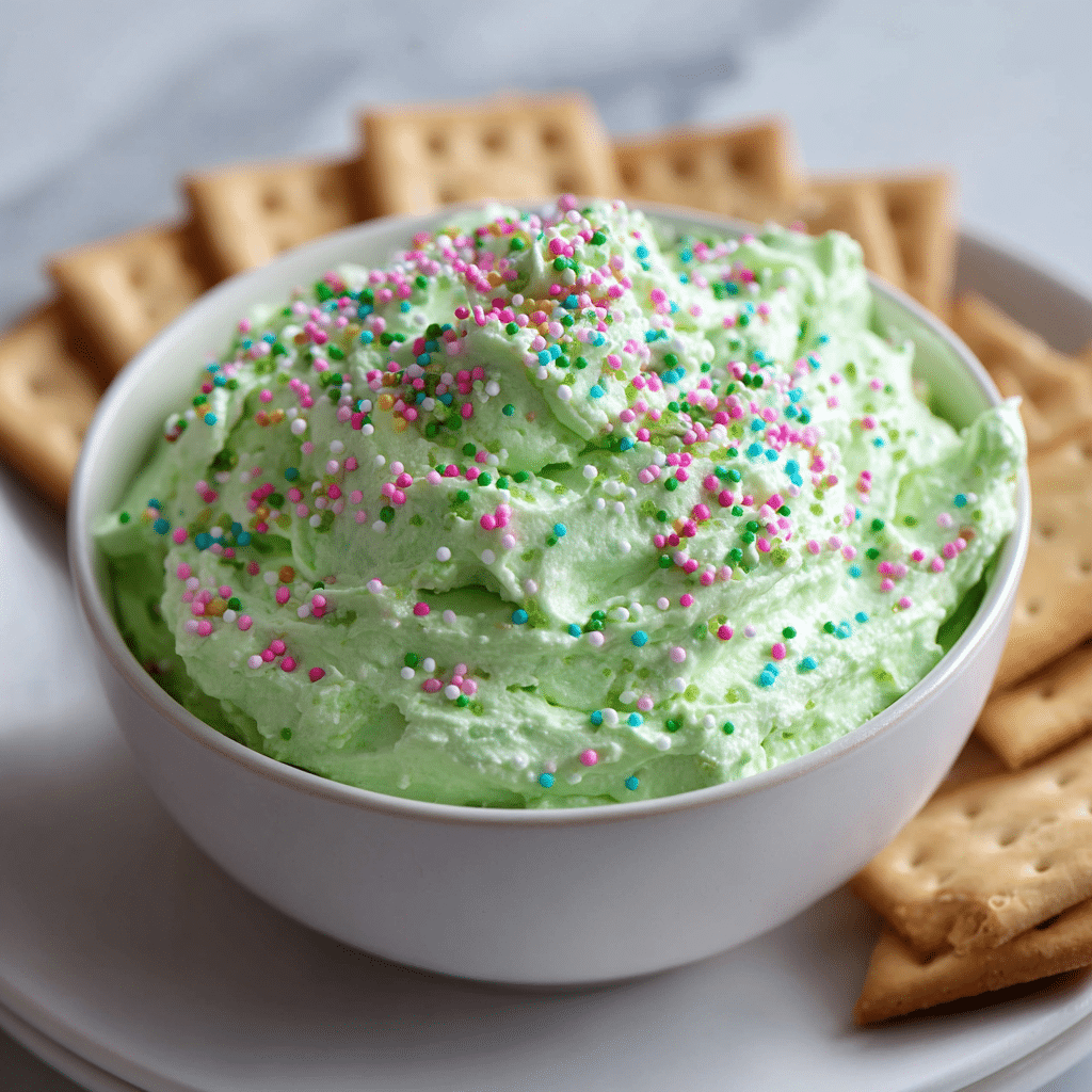 Grinch Dip – Easy No-Bake Holiday Dessert for Parties 5 A festive Grinch Dip served in a bowl,