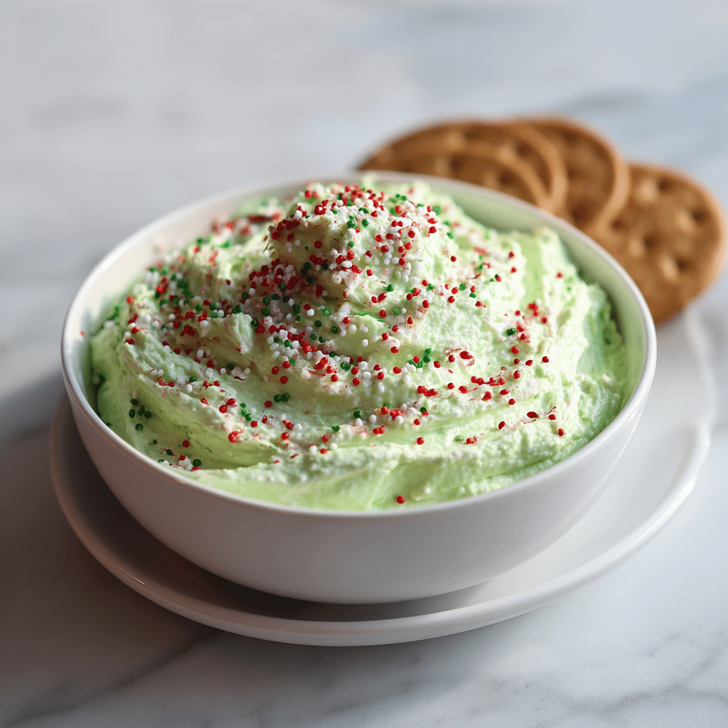 Grinch Dip – Easy No-Bake Holiday Dessert for Parties 6 A festive Grinch Dip served in a bowl,