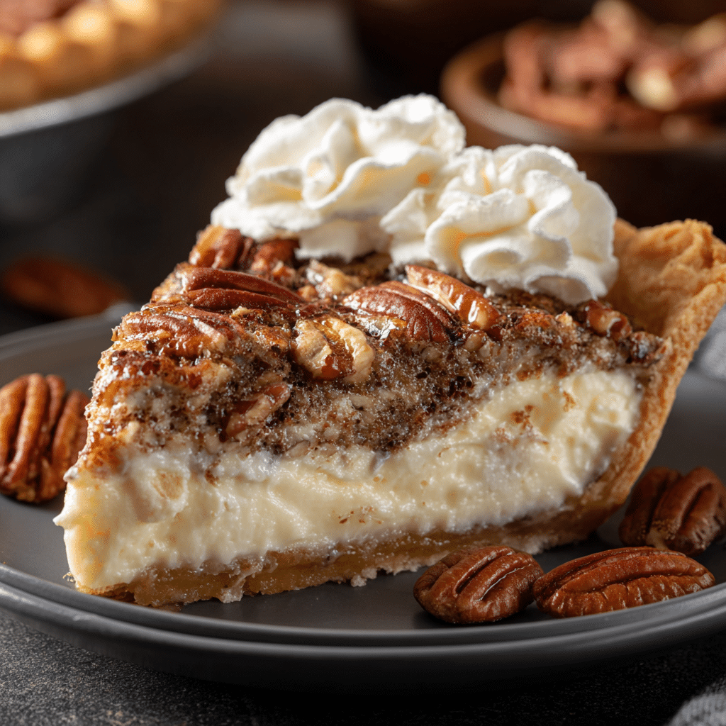 Easy Pecan Cheesecake Pie – The Best Dessert for Any Occasion 5 Delicious pecan cheesecake pie topped with pecan pieces