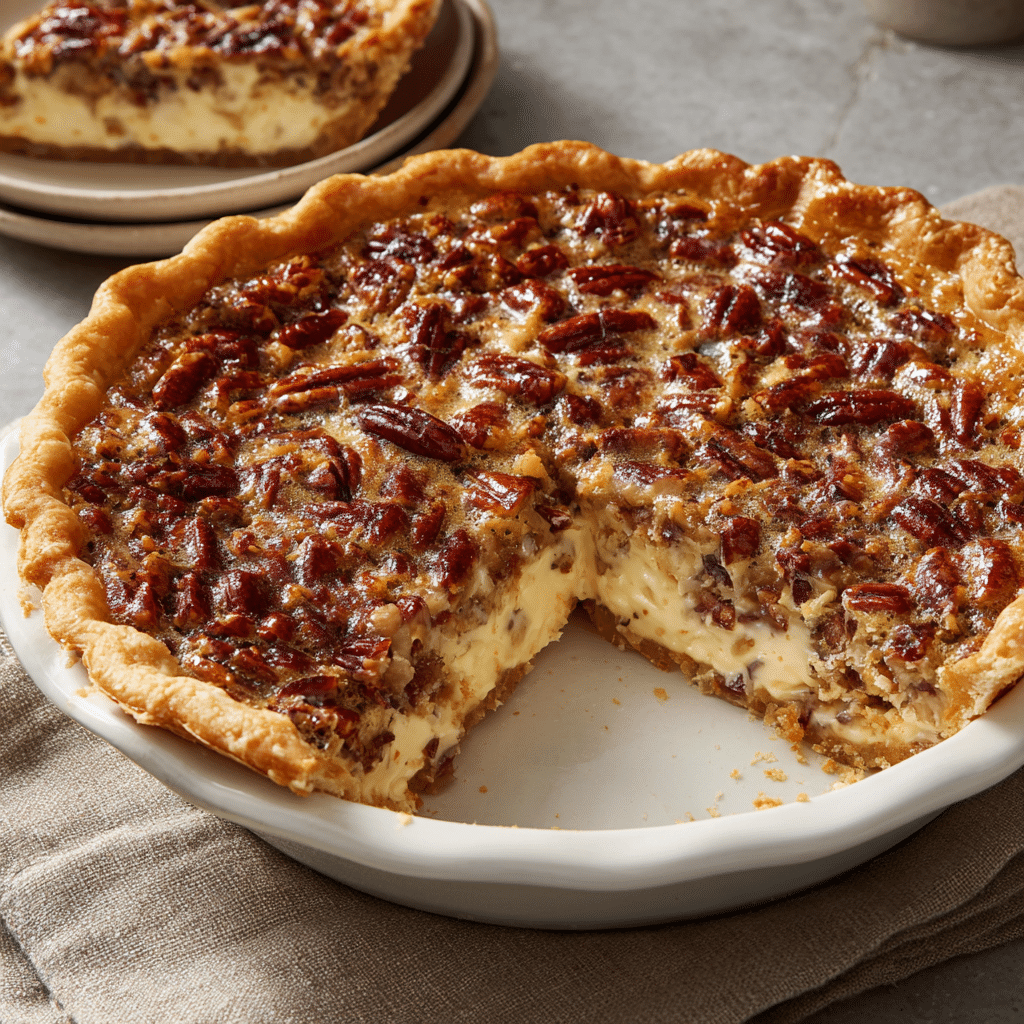 Easy Pecan Cheesecake Pie – The Best Dessert for Any Occasion 6 Delicious pecan cheesecake pie topped with pecan pieces