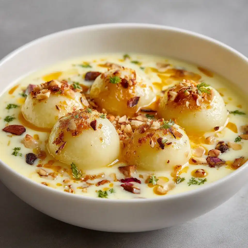Custard Rasgullas: Soft, Creamy Indian Dessert with a Modern Twist 4 Delicious custard rasgullas served in a bowl, a fusion of sweets and desserts