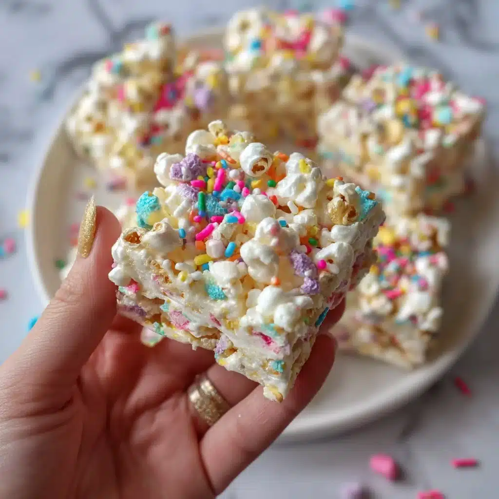 Funfetti Marshmallow Popcorn Treats – Easy, Colorful & Sweet Snack Idea 6 Colorful Funfetti Marshmallow Popcorn Treats on a festive plate