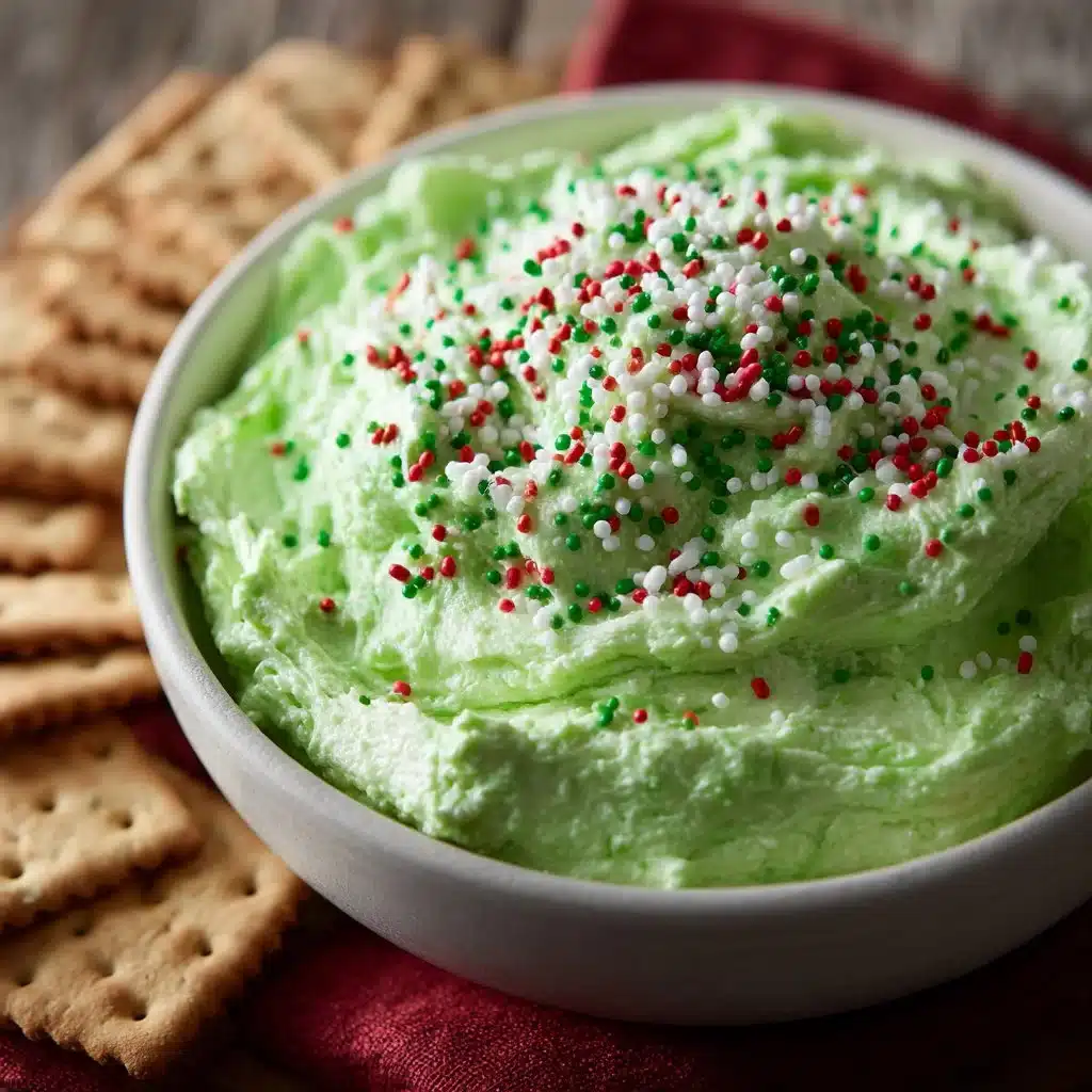 Grinch Dip – Easy No-Bake Holiday Dessert for Parties 4 A festive Grinch Dip served in a bowl,
