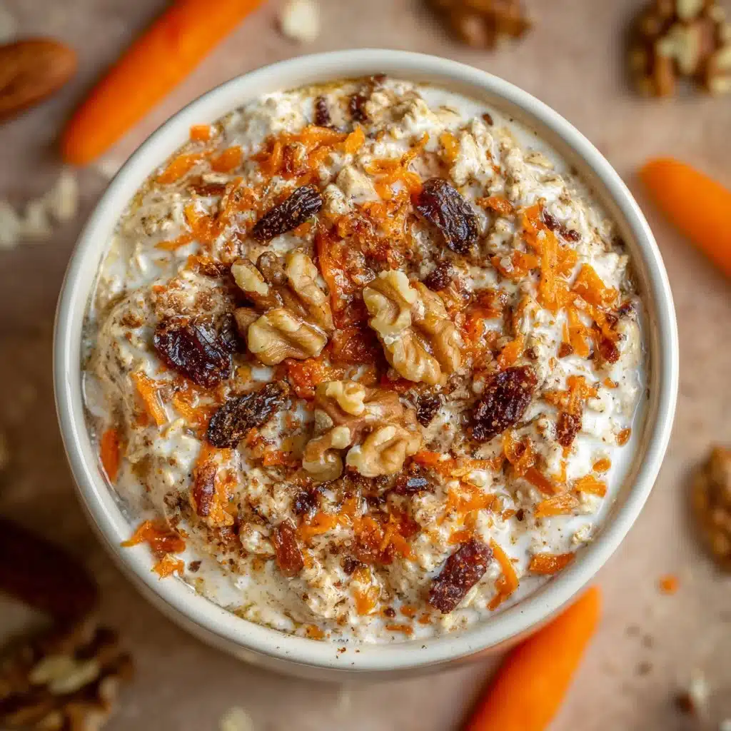 Home Page 5 High protein carrot cake overnight oats in a bowl topped with nuts and raisins
