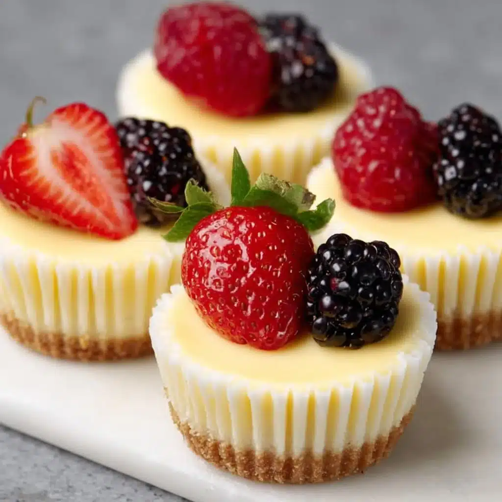 Mini Cheesecakes – Easy, Creamy, and Perfect for Any Occasion 4 Delicious mini cheesecakes displayed for a festive occasion