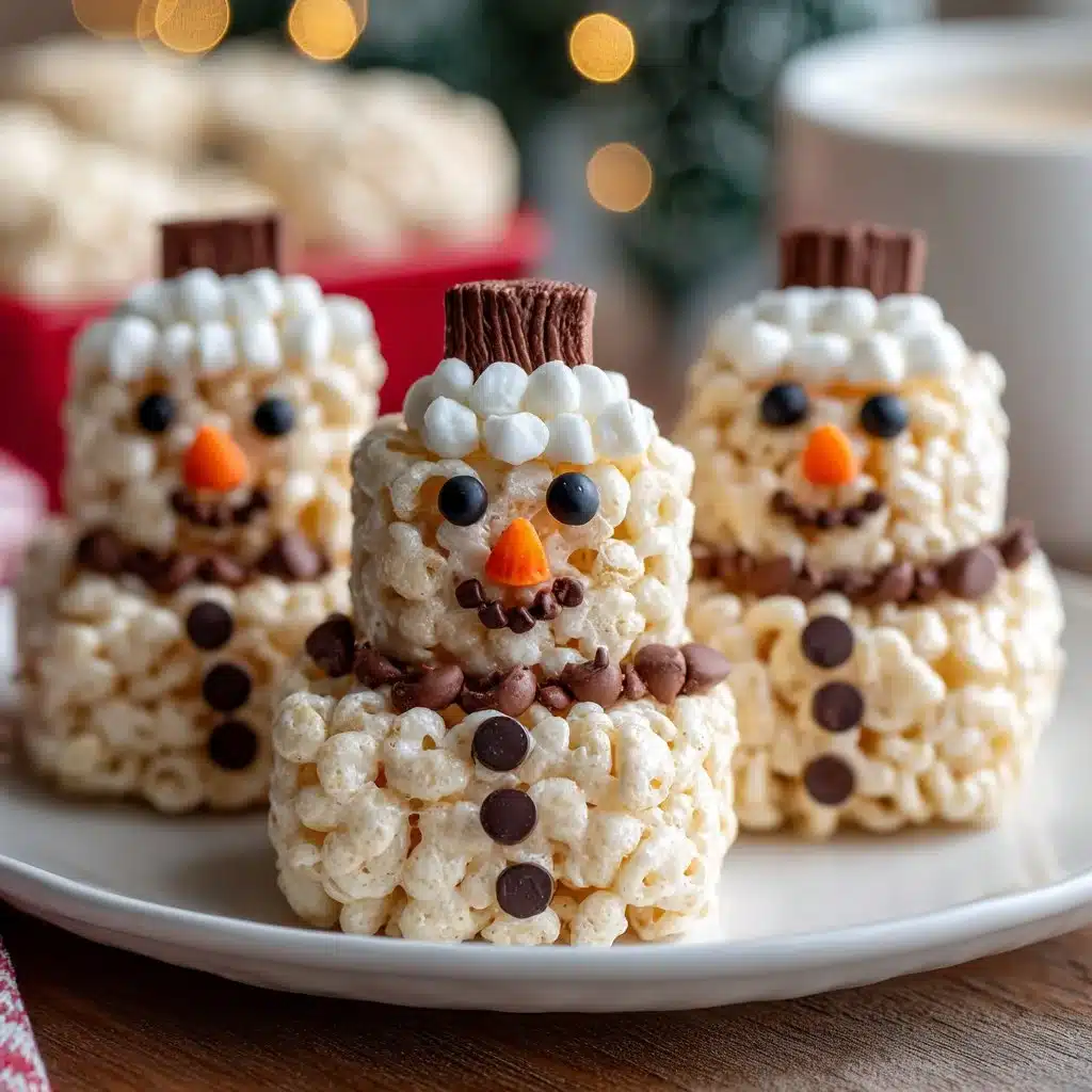 No-Bake Snowman Rice Krispie Treats – Fun & Easy Holiday Dessert 4 No-Bake Snowman Rice Krispie Treats decorated for winter festivities