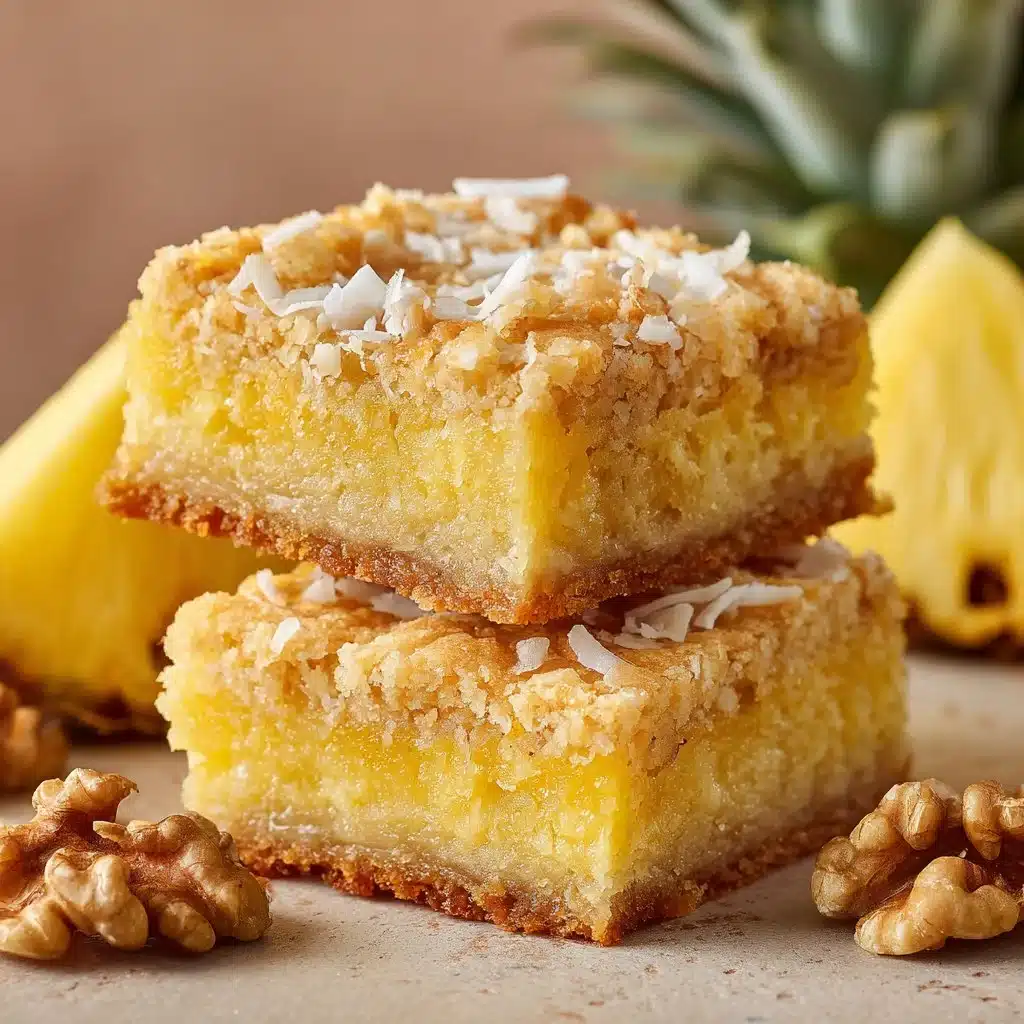 Pineapple Bliss Bars – Easy Tropical Dessert with Coconut & Pineapple 4 Delicious homemade Pineapple Bliss Bars on a plate with tropical garnishes.