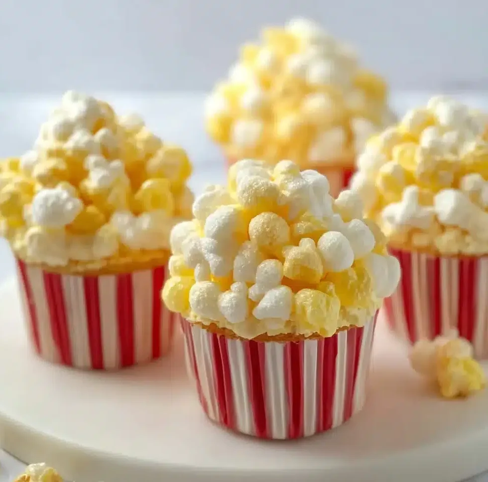 Popcorn Cupcakes – Fun and Whimsical Movie Night Treats! 5 Delicious popcorn cupcakes topped with popcorn and frosting