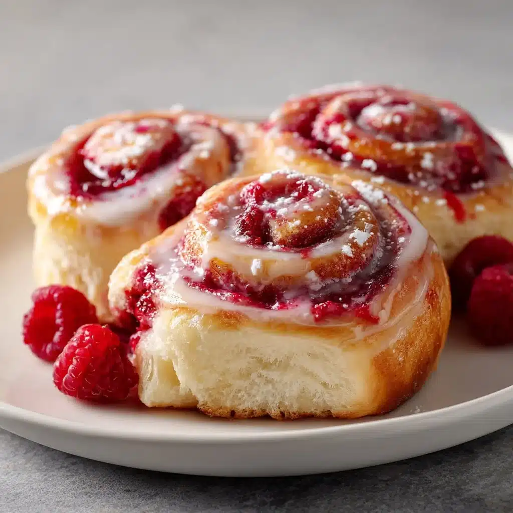 Freshly baked sourdough raspberry lemon rolls on a rustic wooden table.